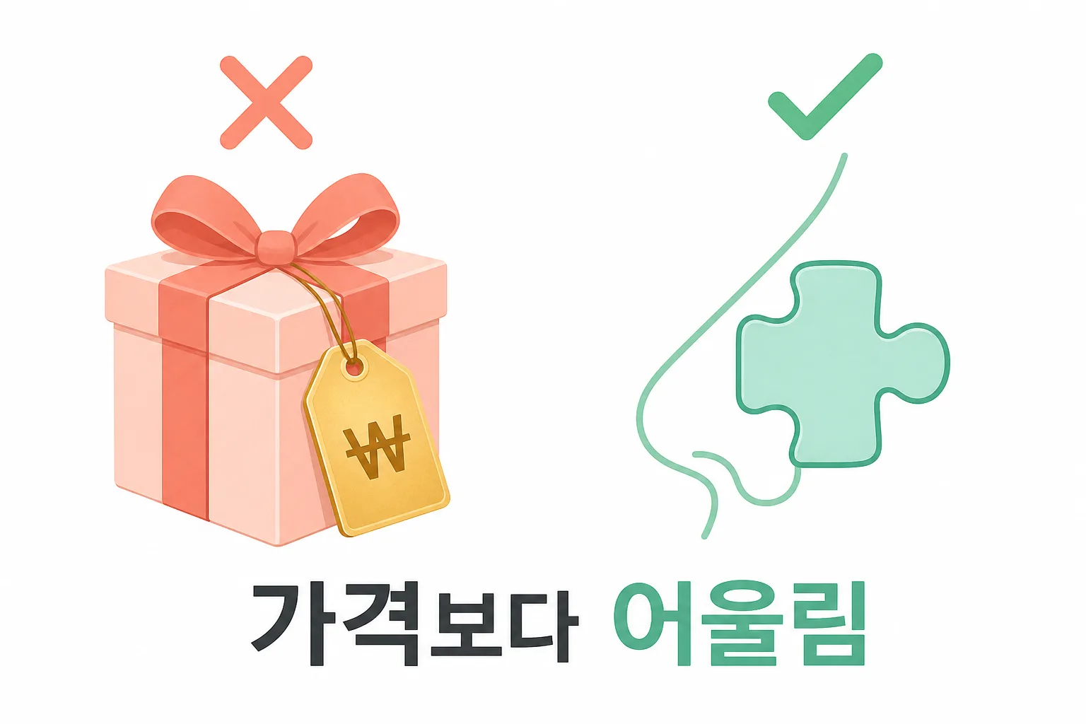 코성형 재료 선택 오해 — 가격표 달린 선물 상자에는 X, 코 실루엣에 꼭 맞는 퍼즐 조각에는 체크가 표시된 도식, 가격보다 어울림이 기준이라는 정리