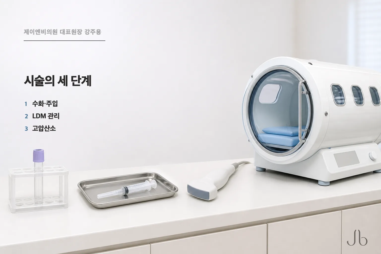 셀투오 시술의 세 단계 순서 — 수화한 재료를 층을 나눠 주입, LDM 초음파 관리, 고압산소