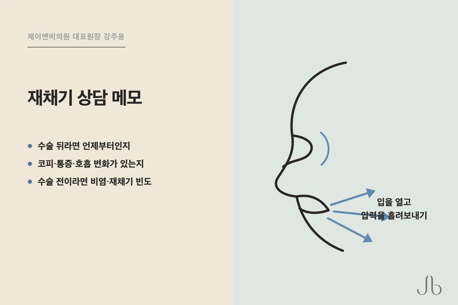코수술 전후 재채기를 얼굴 측면과 열린 입의 공기 흐름으로 보여 주고 코피·통증·호흡 변화 확인 항목을 정리한 상담 메모