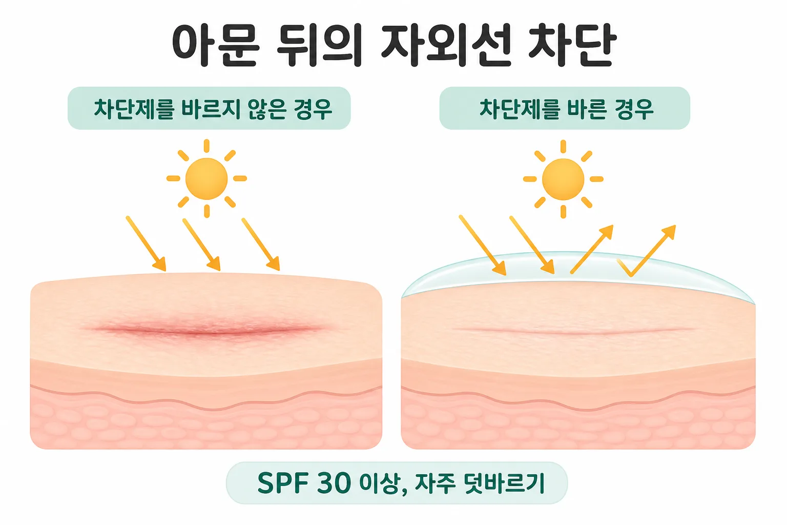코수술 흉터, 아문 뒤의 자외선 차단 — 차단제를 바른 쪽이 색 변화가 덜합니다. SPF 30 이상, 자주 덧바르기