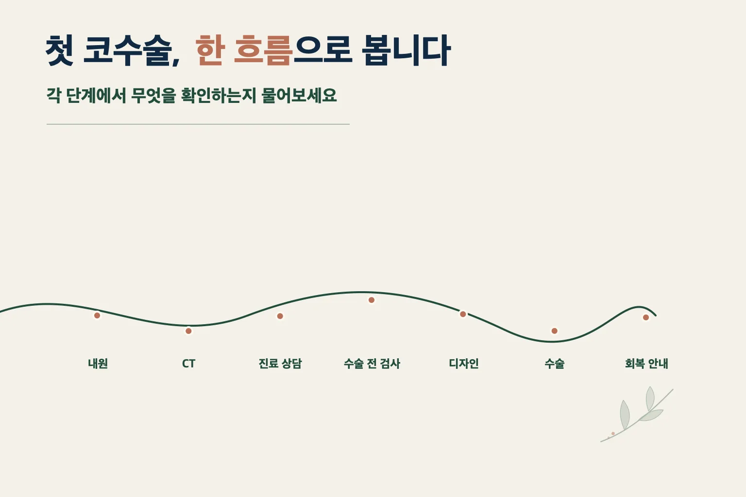 코성형 과정은 내원과 CT, 진료 상담, 수술 전 검사, 디자인, 수술, 회복 안내 순으로 이어집니다