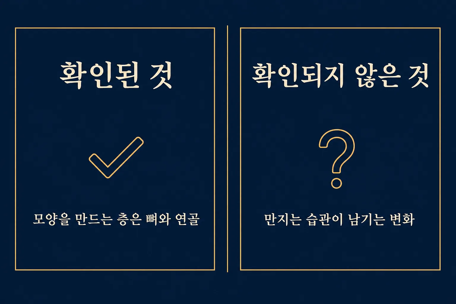 코 만지는 습관에서 아는 것과 모르는 것 — 왼쪽 칸은 체크 표시와 함께 모양을 만드는 층이 뼈와 연골이라는 것, 오른쪽 칸은 물음표와 함께 습관이 남기는 변화