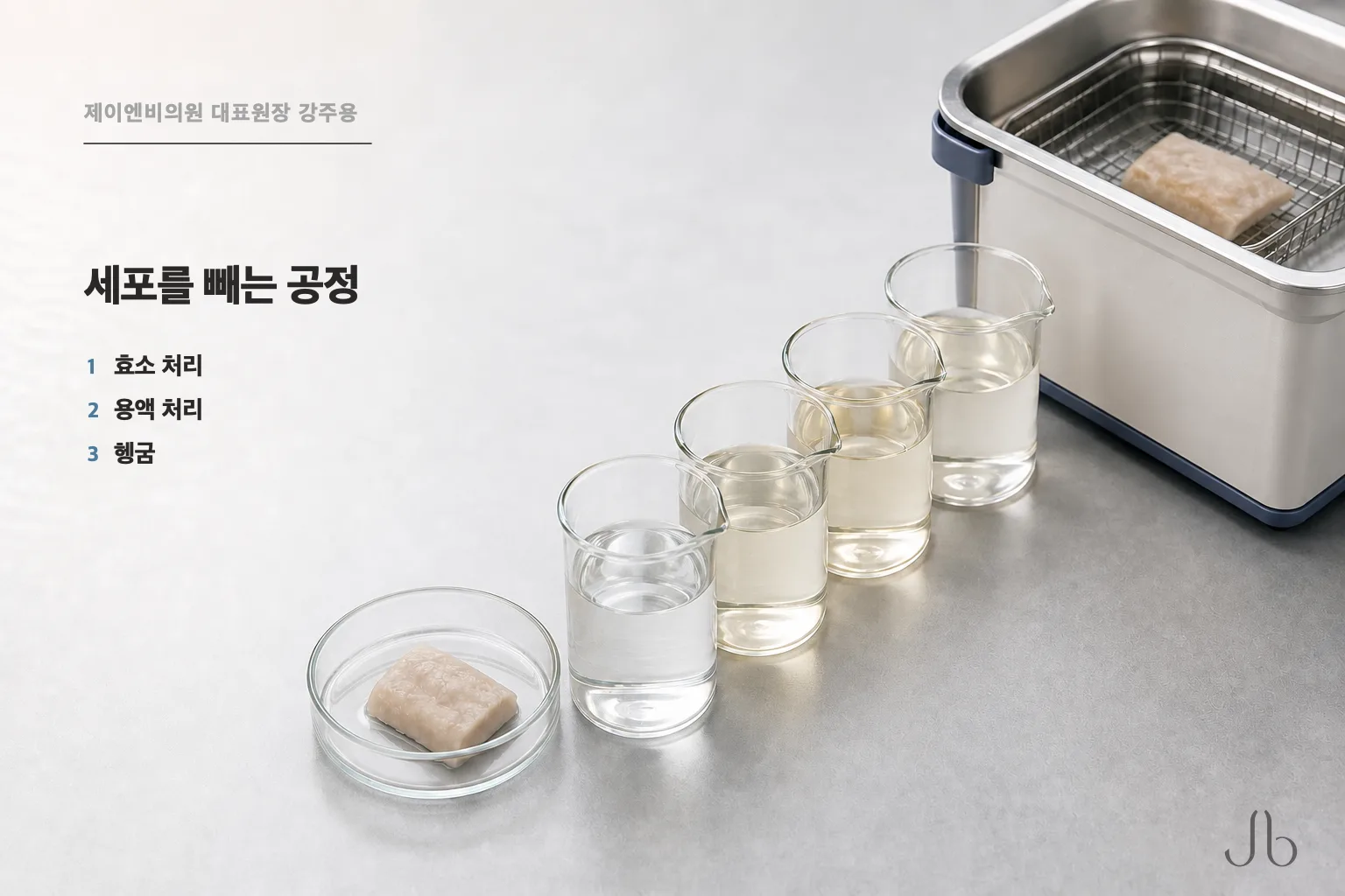 탈세포화 공정 순서 — 효소와 용액으로 순차 처리한 뒤 초음파로 헹구는 과정