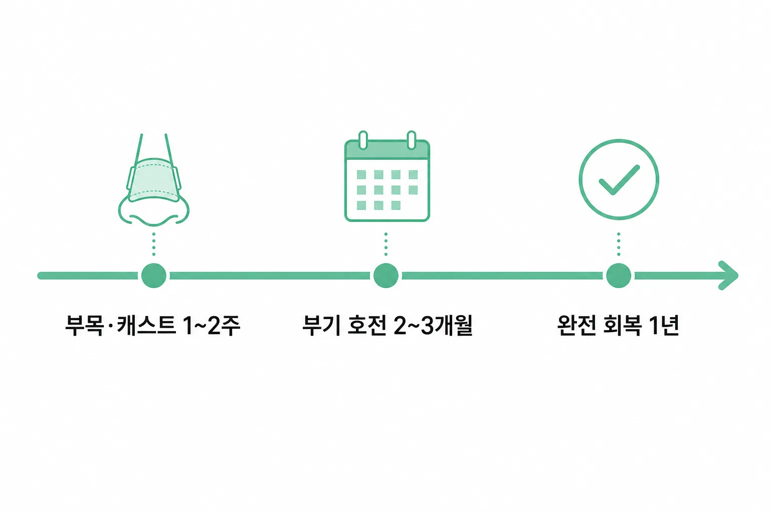 부목·캐스트 1~2주, 부기 호전 2~3개월, 완전 회복 1년의 회복 타임라인 도식