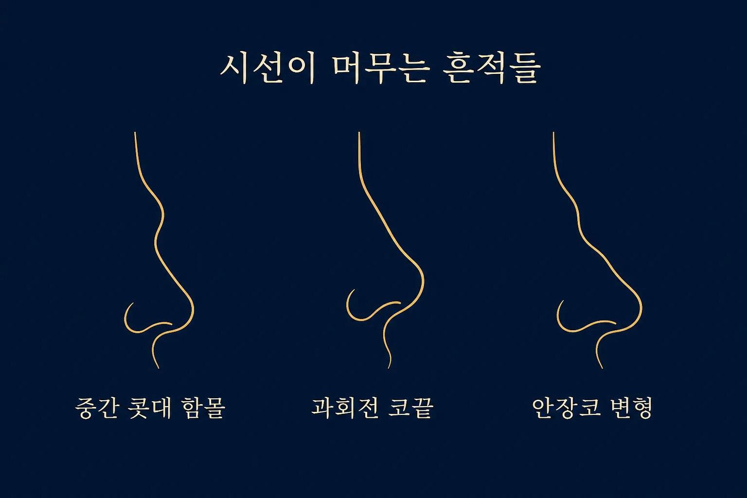 코성형 티가 나는 구조 흔적 세 가지 — 중간 콧대 함몰, 과회전 코끝, 안장코 변형의 옆모습 선화