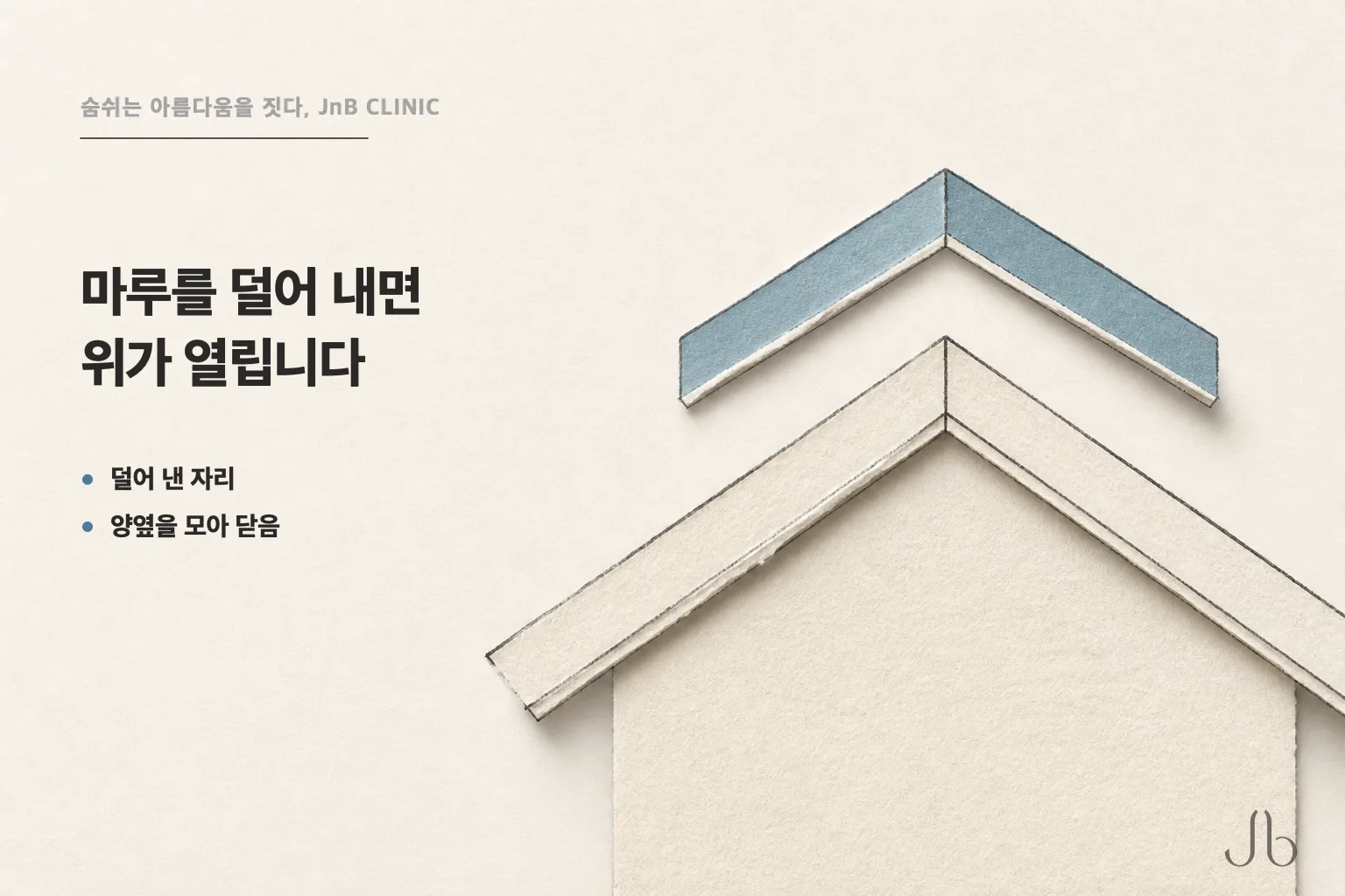 콧등을 지붕에 빗대어 마루를 덜어 낸 자리와 양옆을 모아 닫는 일을 함께 적은 도식