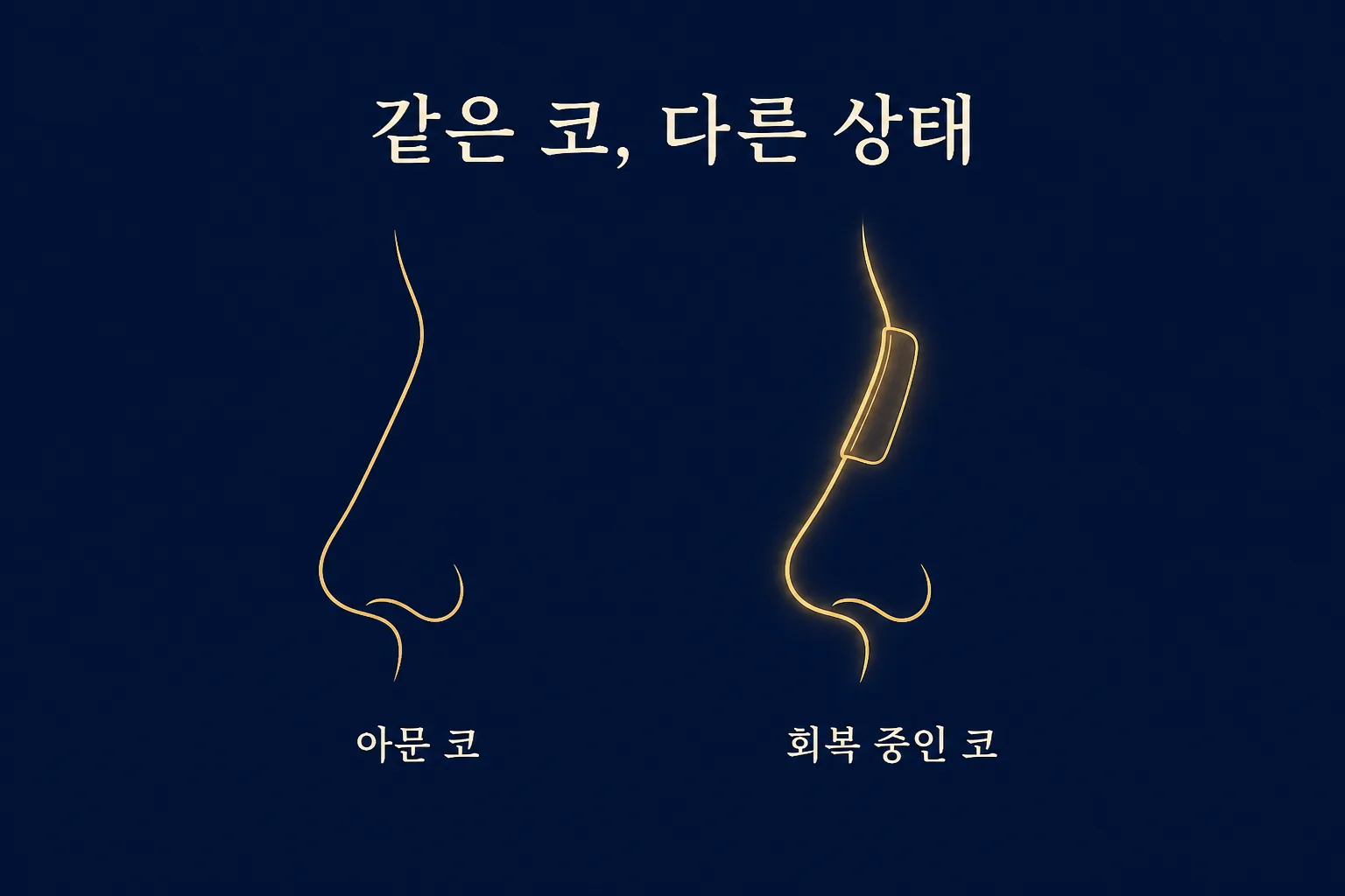 코성형 회복 중인 코와 아문 코 — 코 옆선 두 개를 나란히 그려, 왼쪽은 아문 코, 오른쪽은 콧대에 부목이 얹혀 은은하게 빛나는 회복 중인 코