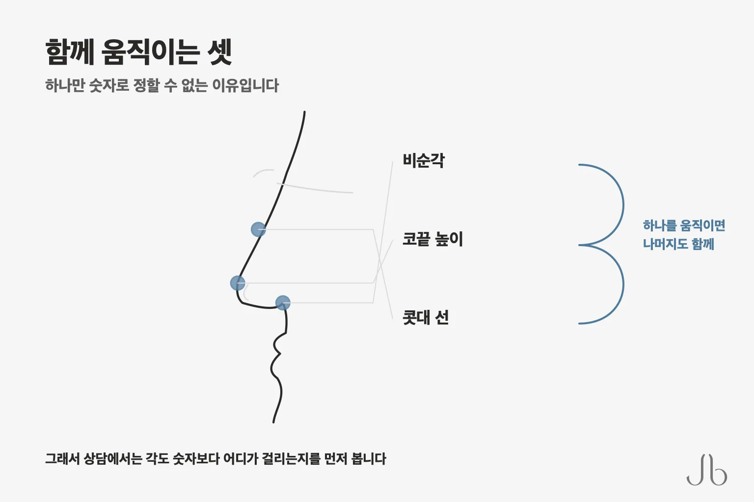 코끝을 올리는 코성형에서는 비순각뿐 아니라 코끝 높이와 콧대 선도 함께 달라집니다