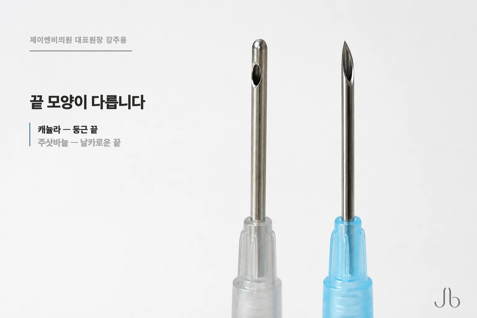 캐뉼라와 주삿바늘의 끝 모양과 조직을 지나가는 방식 차이 도식