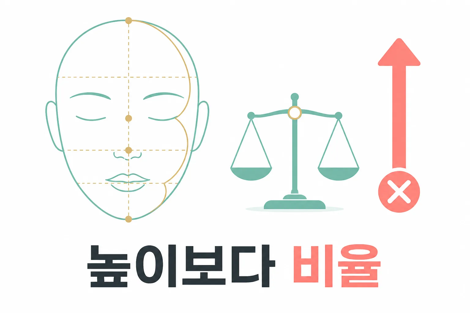 얼굴 비례 가이드 선이 그려진 라인아트와 저울, 높이만 올리는 화살표에는 X가 표시된 도식 — 높이보다 얼굴 전체 비율이 먼저라는 정리