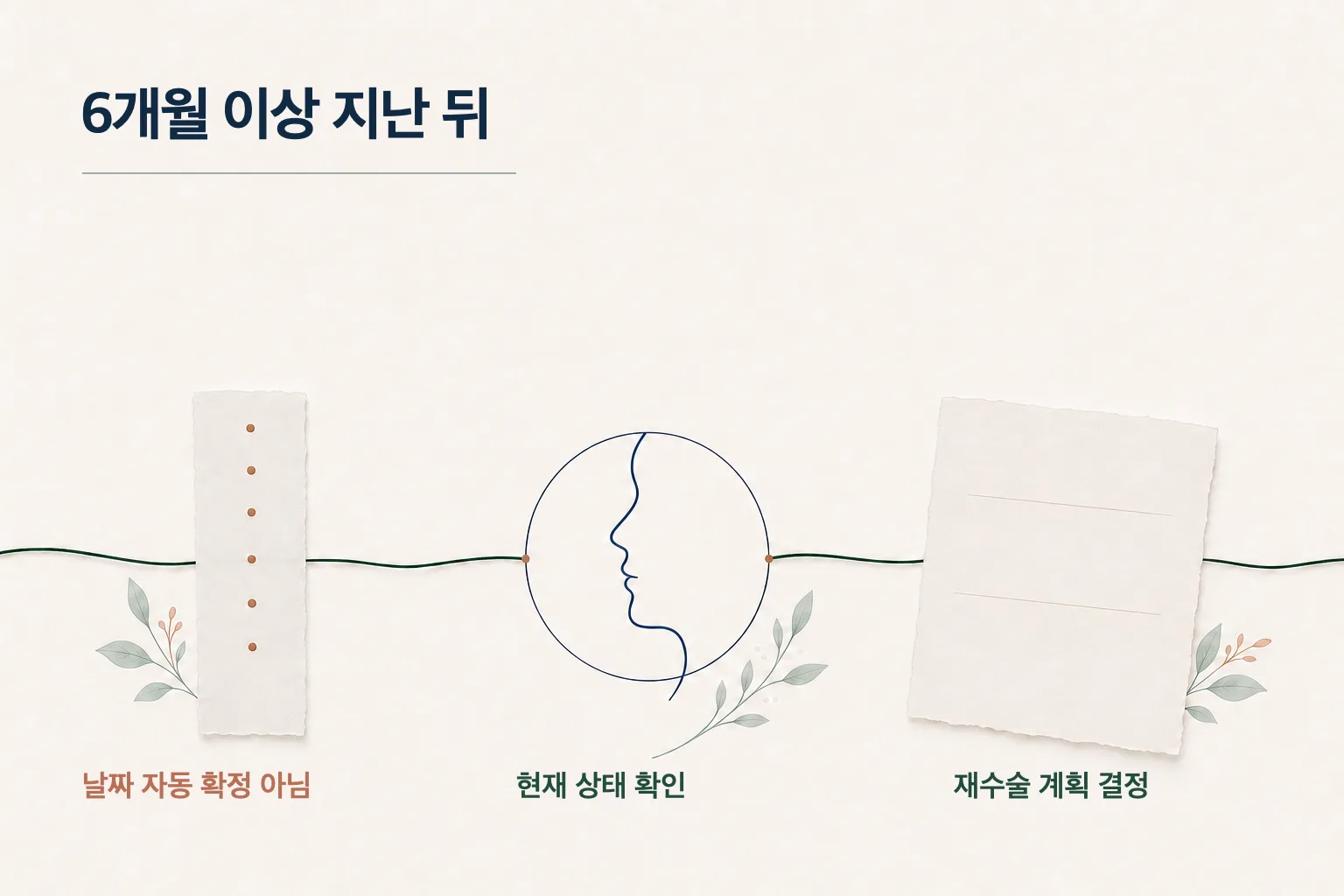 첫 수술 후 6개월 이상이 지나면 날짜부터 정하지 않고 현재 상태를 확인한 뒤 재수술 계획을 결정합니다