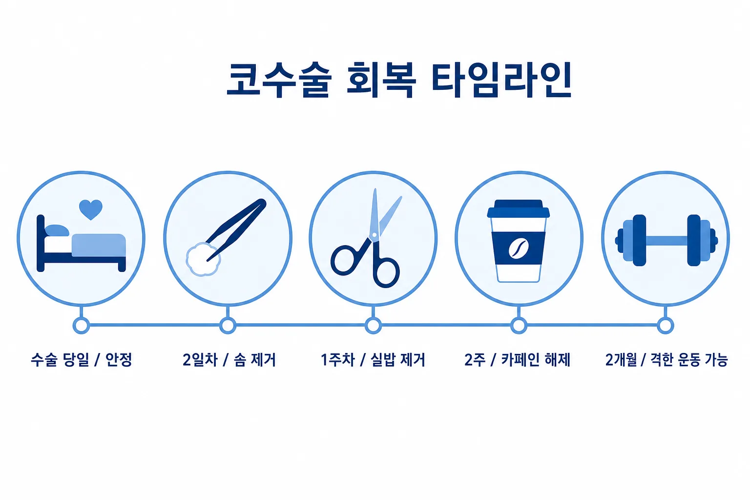 코수술 회복 타임라인 — 수술 당일 안정, 2일차 솜 제거, 1주차 실밥 제거, 2주 카페인 해제, 2개월 격한 운동 가능 순서를 담은 참고 일러스트