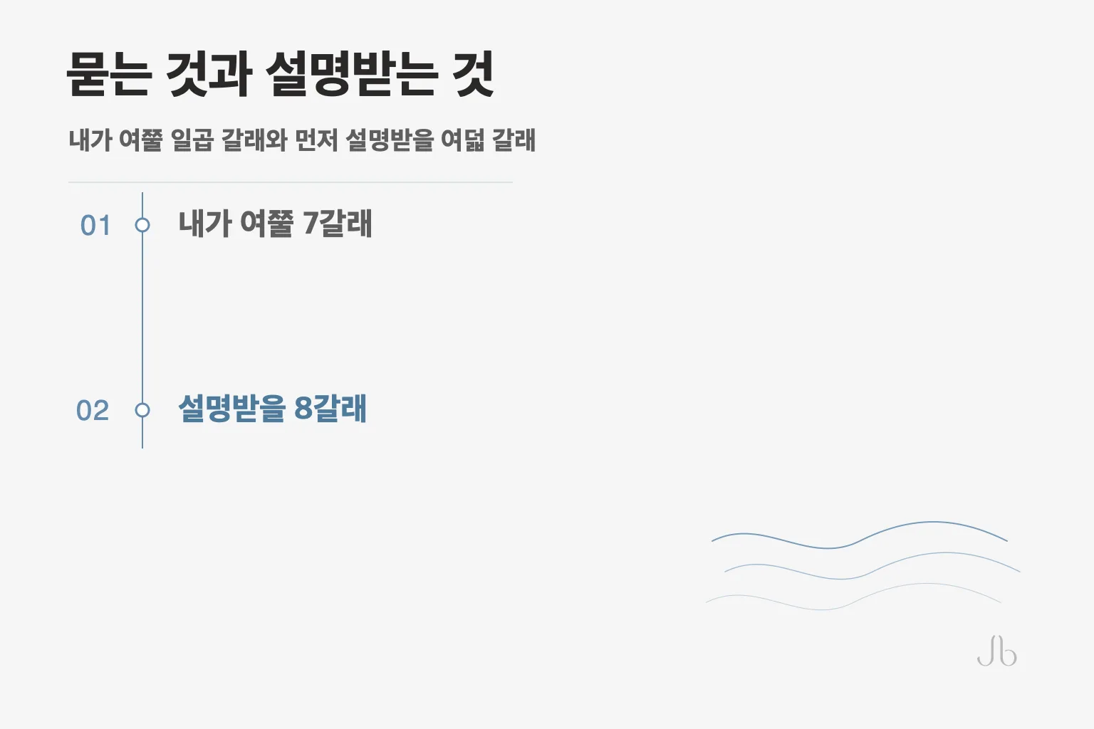묻는 것과 설명받는 것을 가른 표 — 왼쪽은 내가 여쭐 일곱 갈래, 오른쪽은 묻지 않아도 말해 주어야 하는 여덟 갈래