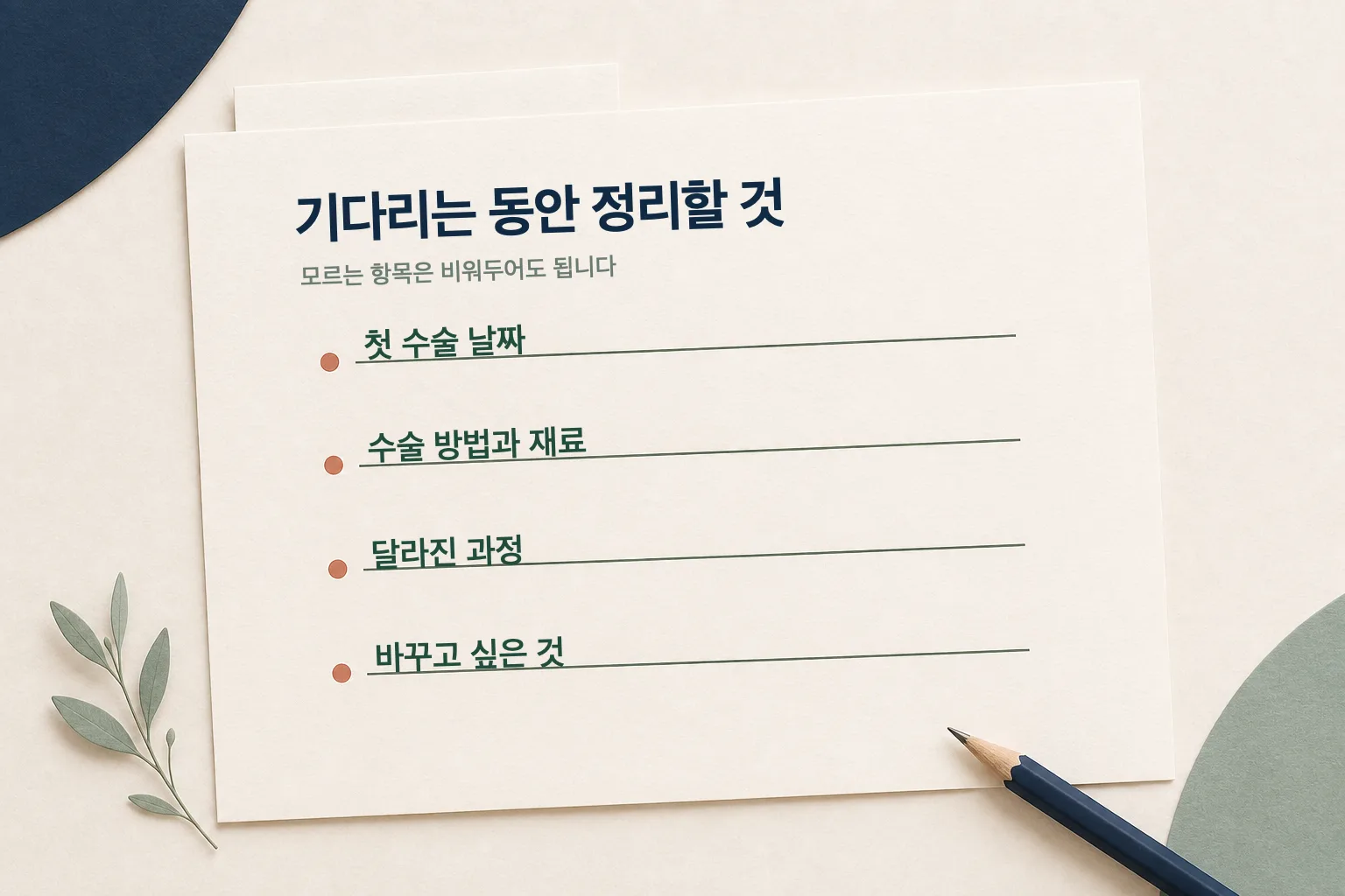 재수술을 기다리는 동안 첫 수술 날짜와 방법, 변화 과정, 원하는 방향을 한 장에 정리할 수 있습니다