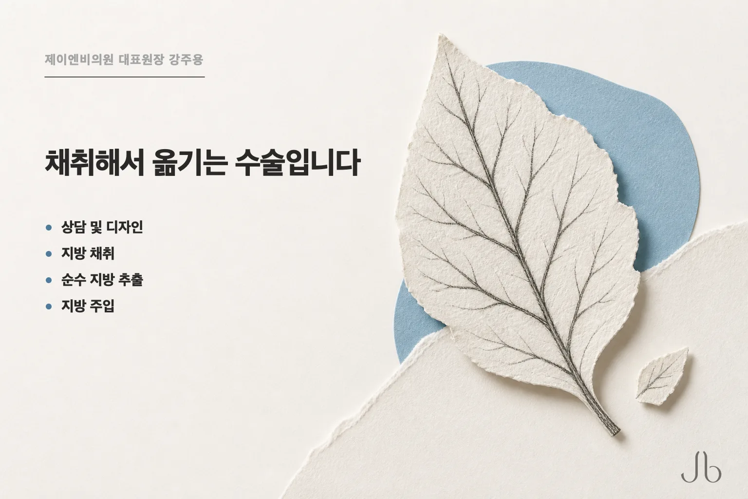 얼굴 지방이식 수술의 네 단계를 잎과 떨어져 나온 조각으로 나타낸 과정 도식
