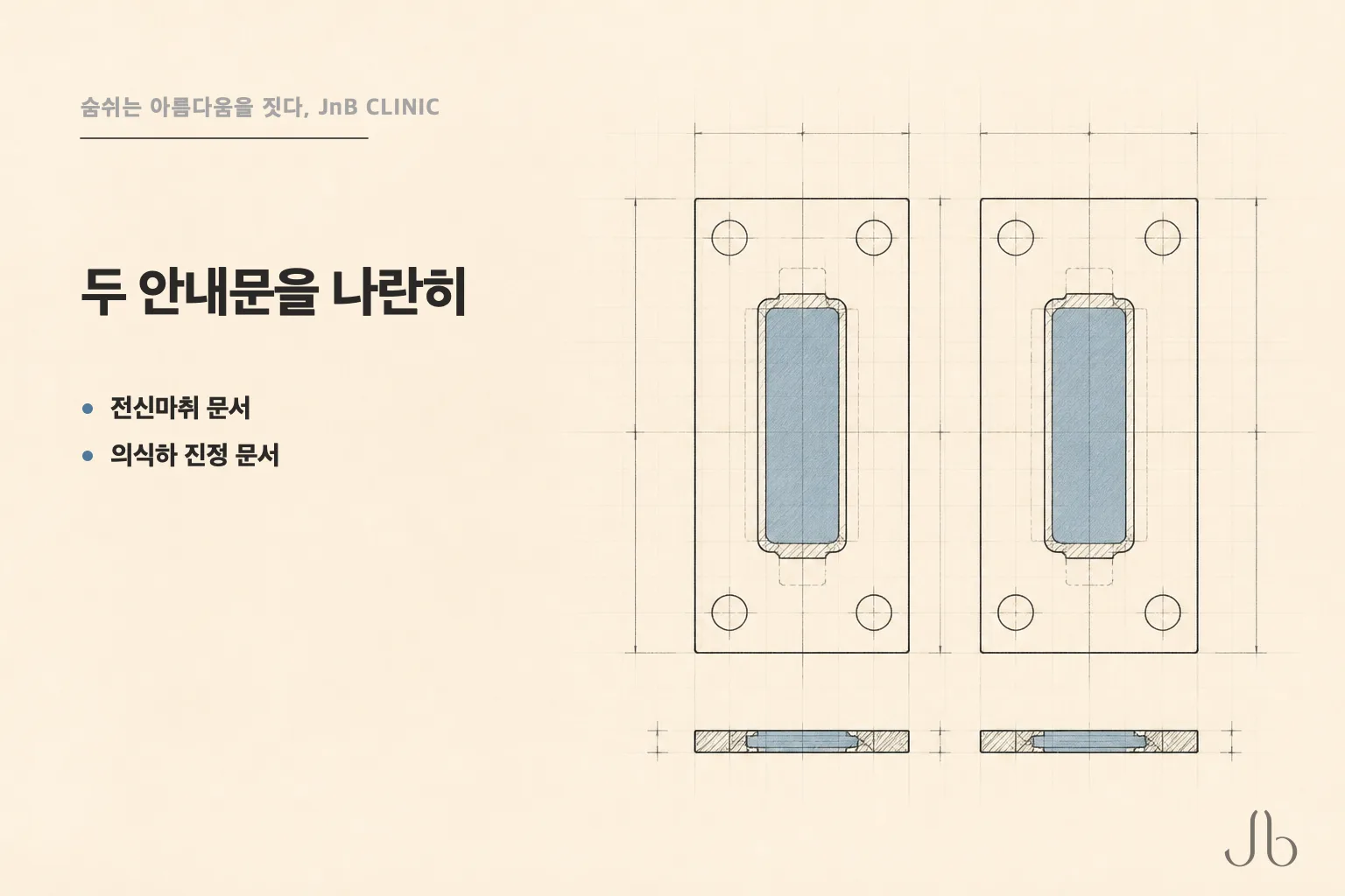 전신마취 안내문과 진정 안내문을 나란히 놓은 마취 설명 도식 (JnB CLINIC)
