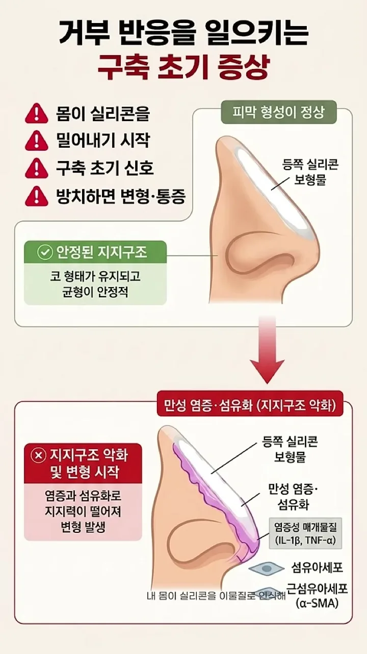 실리콘 구축의 신호 — 정상적인 피막 형성과 만성 염증·섬유화로 지지 구조가 악화된 상태를 비교한 인포그래픽, 유튜브 JNB Behind 「코 성형 후 욱신거림? '이것' 절대 금지!」 6초